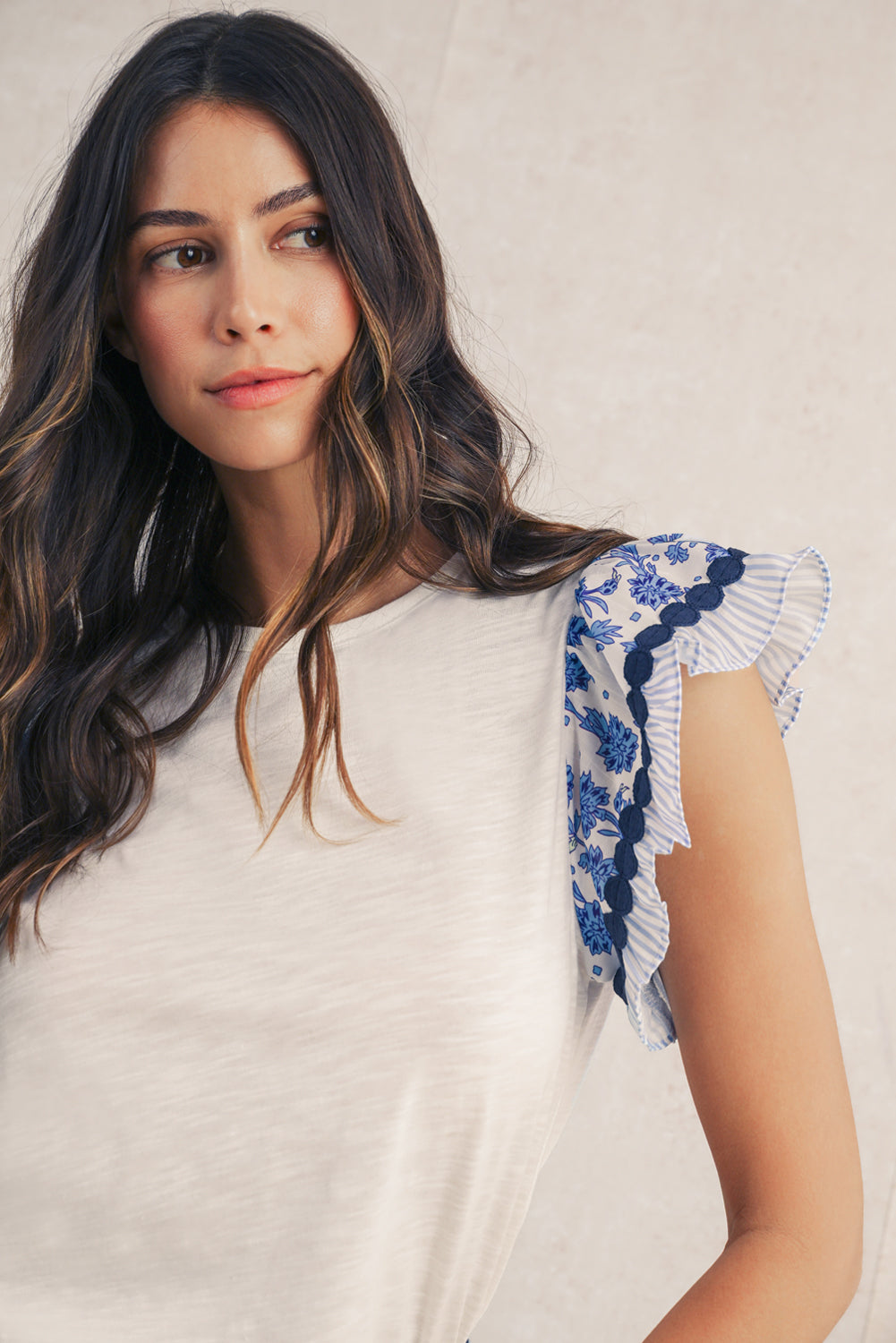 Rose Floral Striped Patchwork Flutter Sleeve Blouse – Shewin | ClozArt