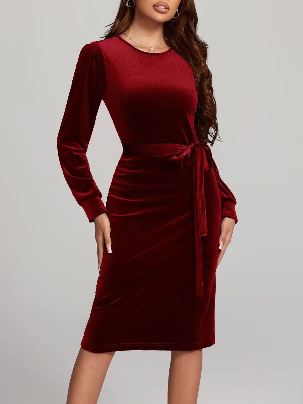 Round Neck Tie Waist Long Sleeve Velvet Dress – Trendsi | ClozArt