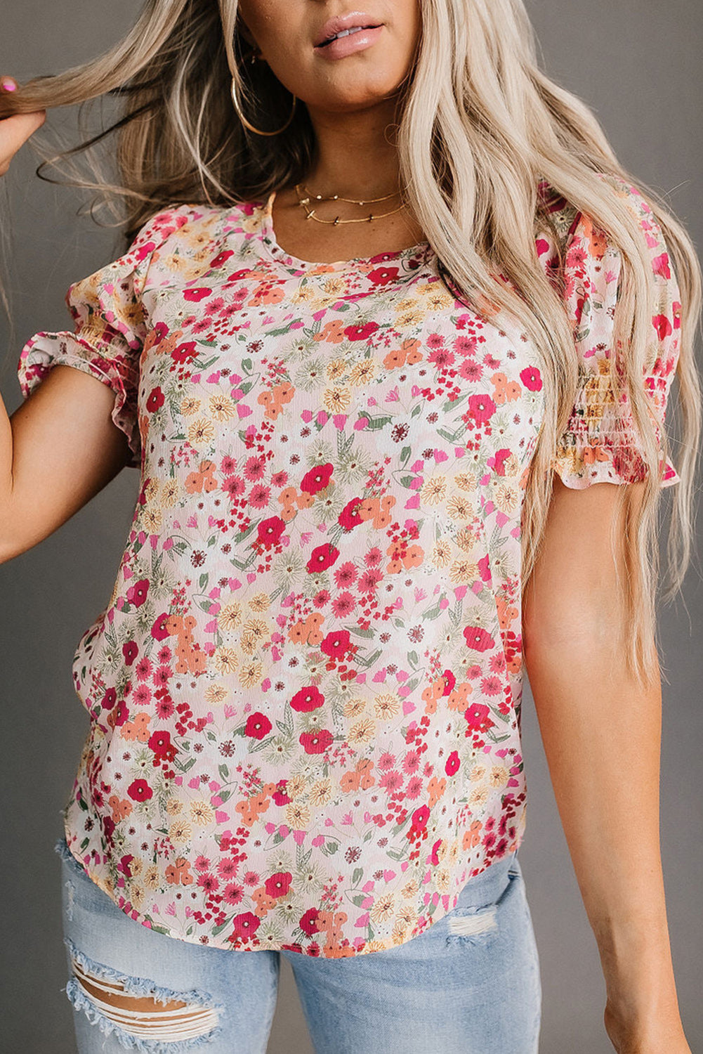 Floral Flounce Sleeve Smocked Blouse – Trendsi | ClozArt