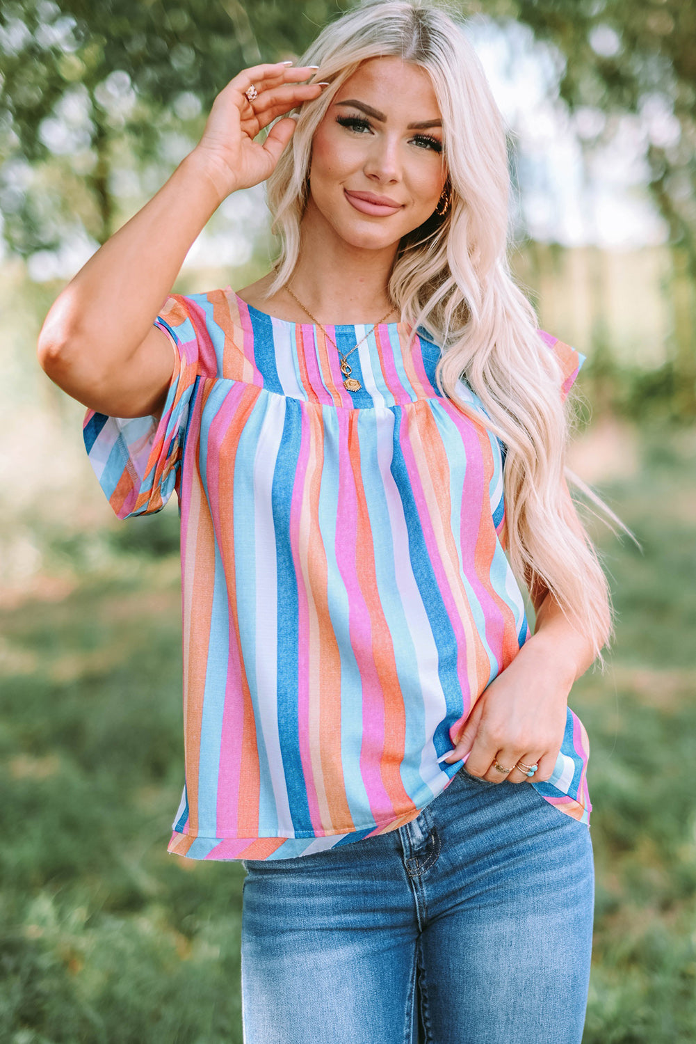 Multicolored Stripe Flutter Sleeve Blouse – Trendsi | ClozArt