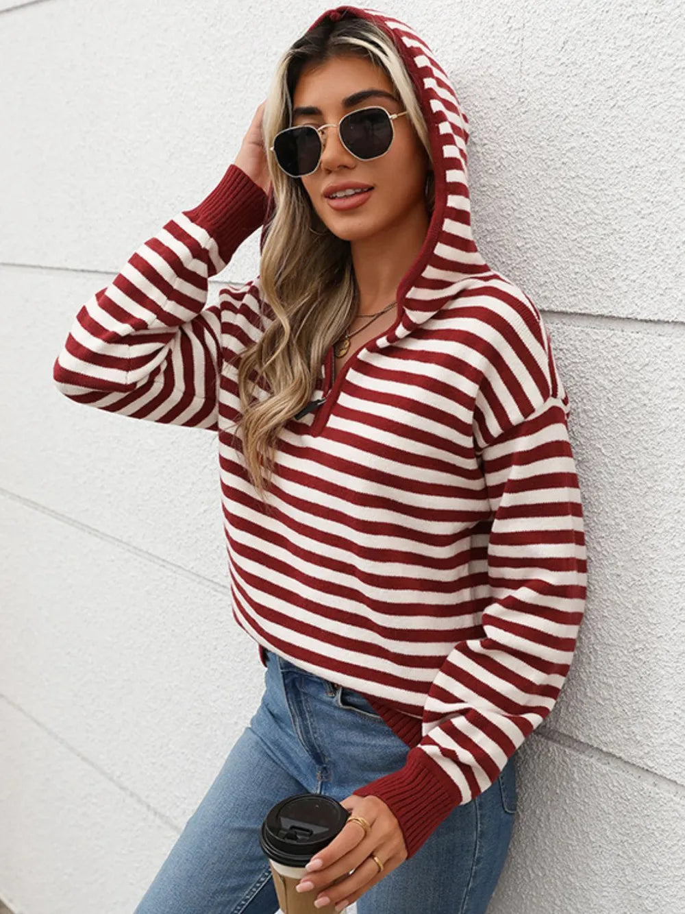 Perfee Striped Long Sleeve Hooded Sweater – Trendsi | ClozArt