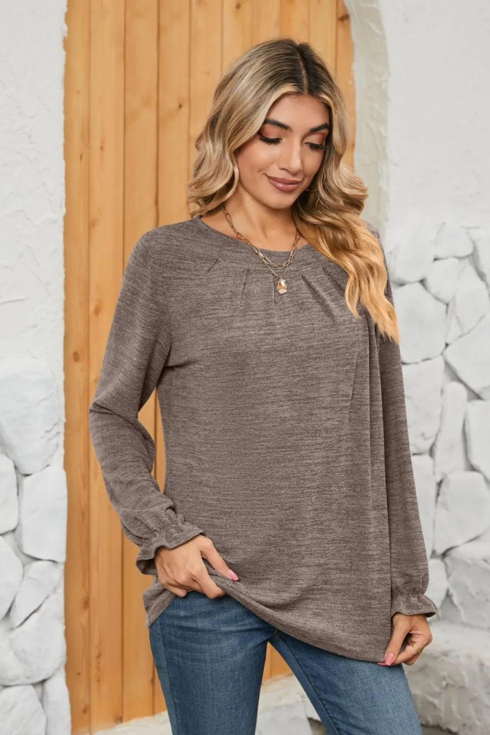 Ruched Round Neck Flounce Sleeve T-Shirt – Trendsi | ClozArt