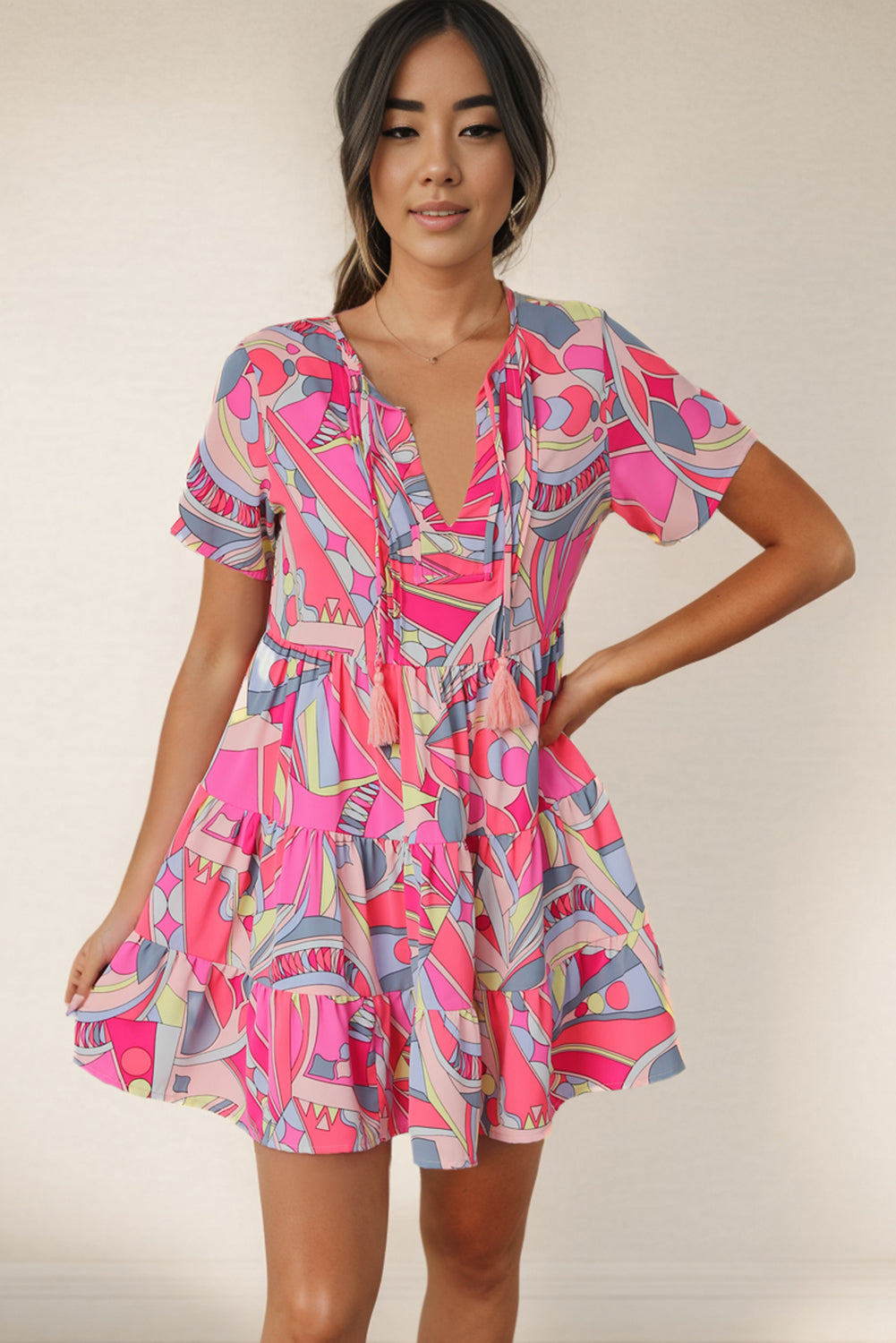 Multicolored Tie Neck Short Sleeve Tiered Dress – Trendsi | ClozArt