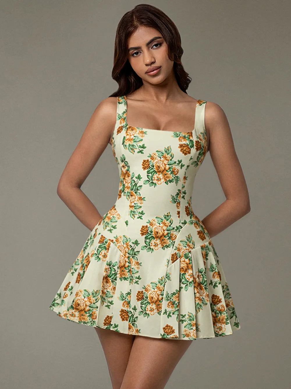 Floral Sleeveless Mini Pleated Dress – Trendsi | ClozArt