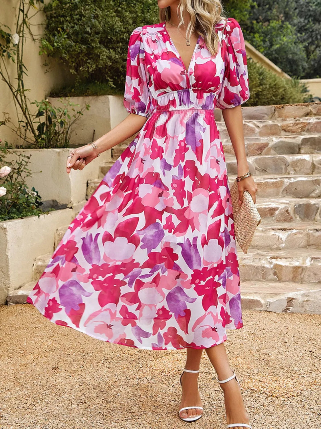Printed Puff Sleeve Midi Dress – Trendsi | ClozArt