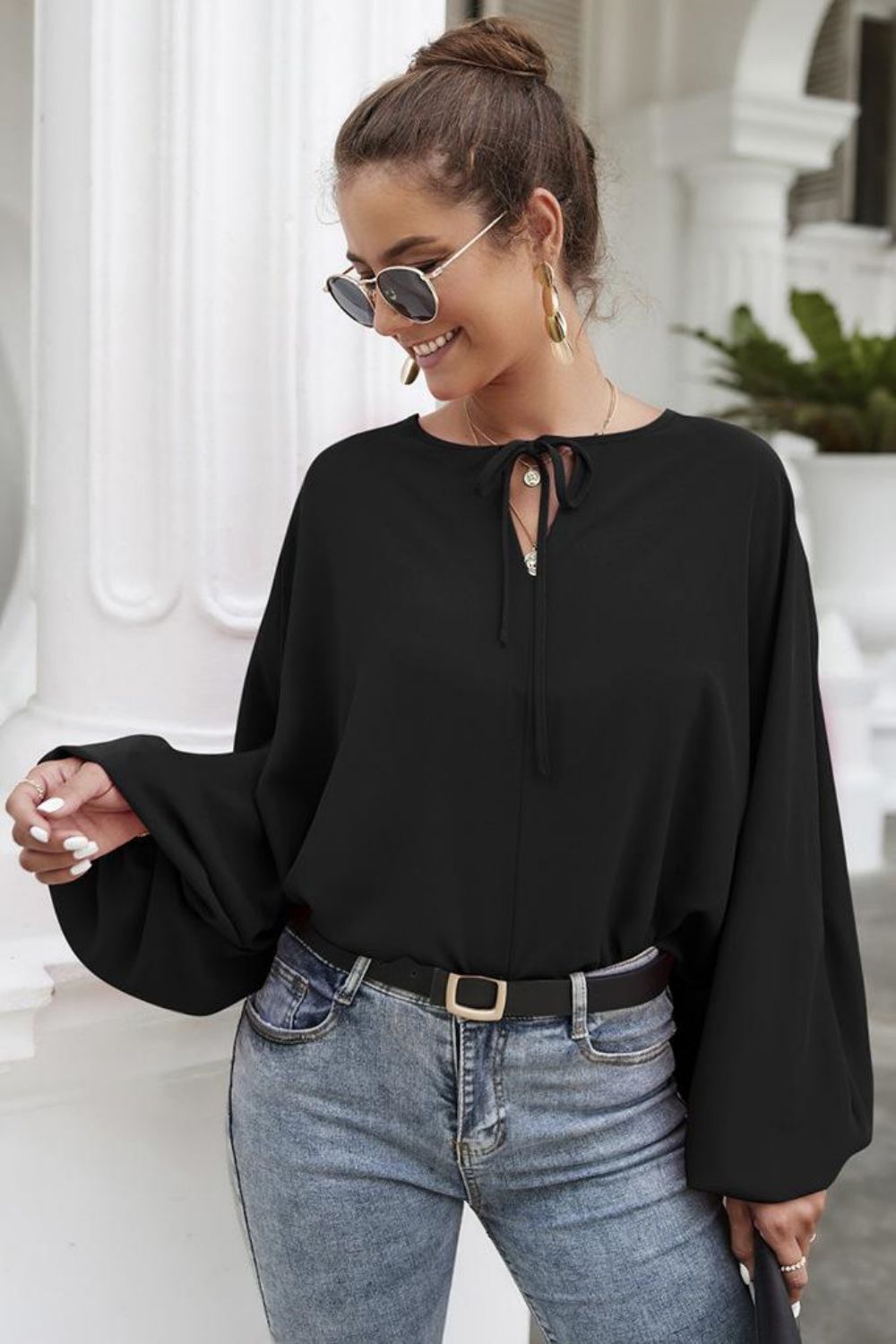 Tie Neck Balloon Sleeve Blouse – Trendsi | ClozArt