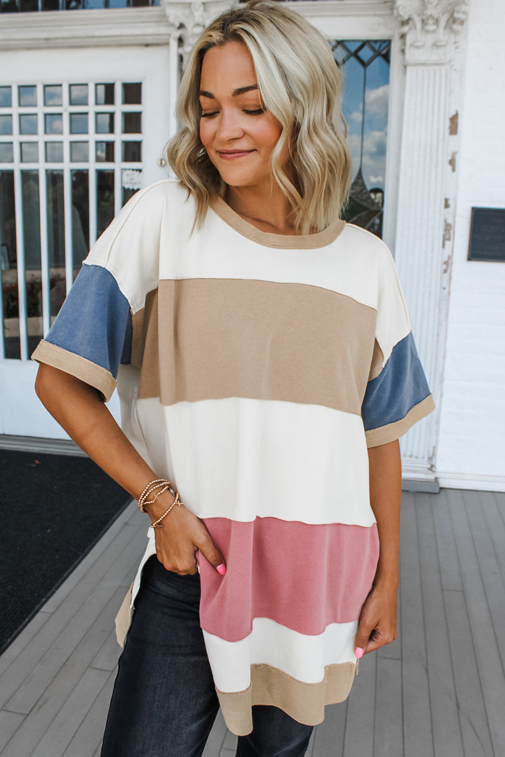 Multicolour Colorblock Patchwork Side Split Tunic T Shirt – Shewin | ClozArt