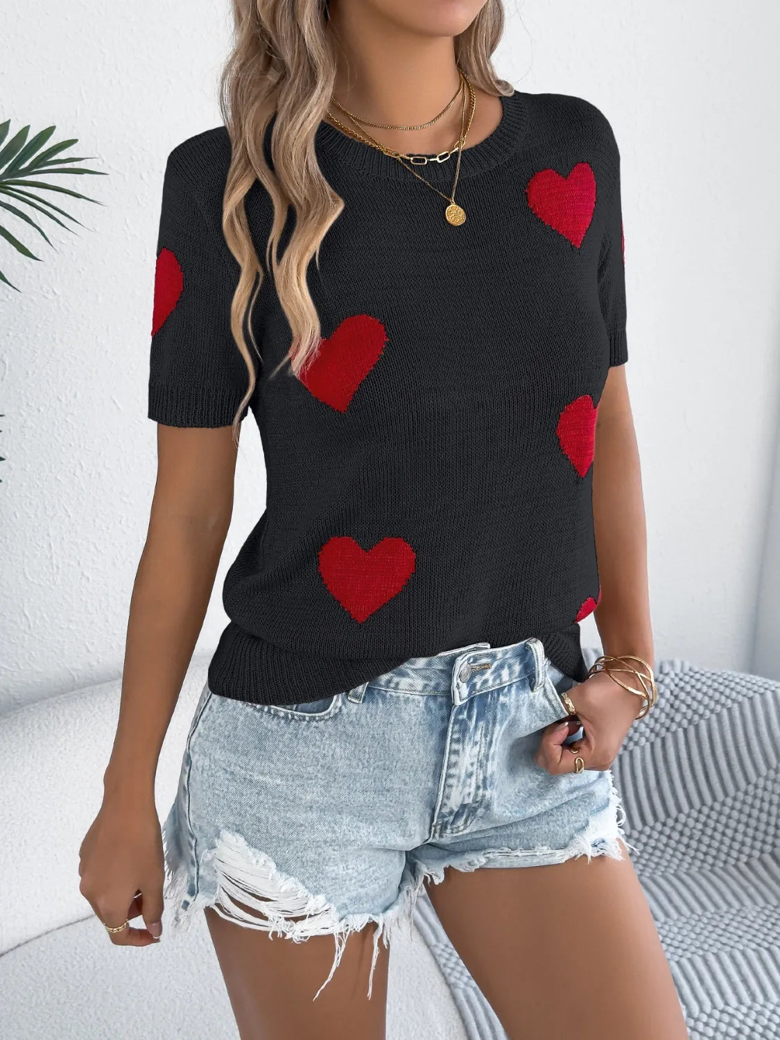 Heart Round Neck Short Sleeve Knit Top – Trendsi | ClozArt