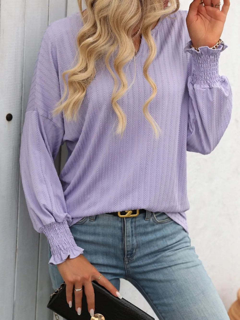 Mandy Textured Notched Lantern Sleeve T-Shirt – Trendsi | ClozArt
