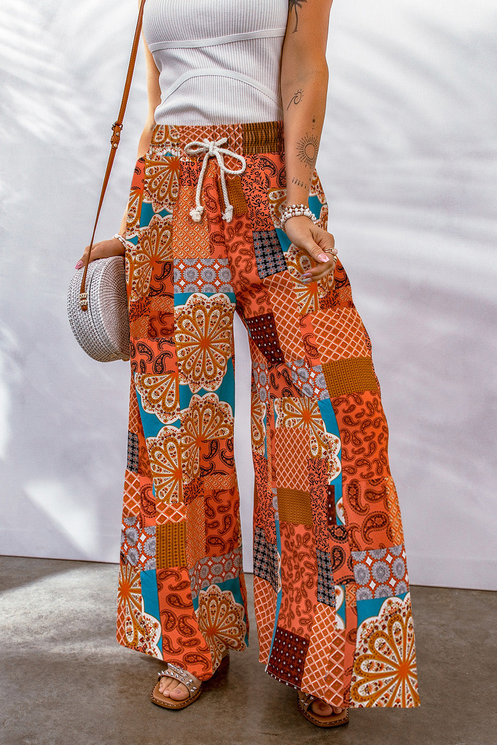 Bohemian Patchwork Drawstring Wide Leg Pants – Trendsi | ClozArt