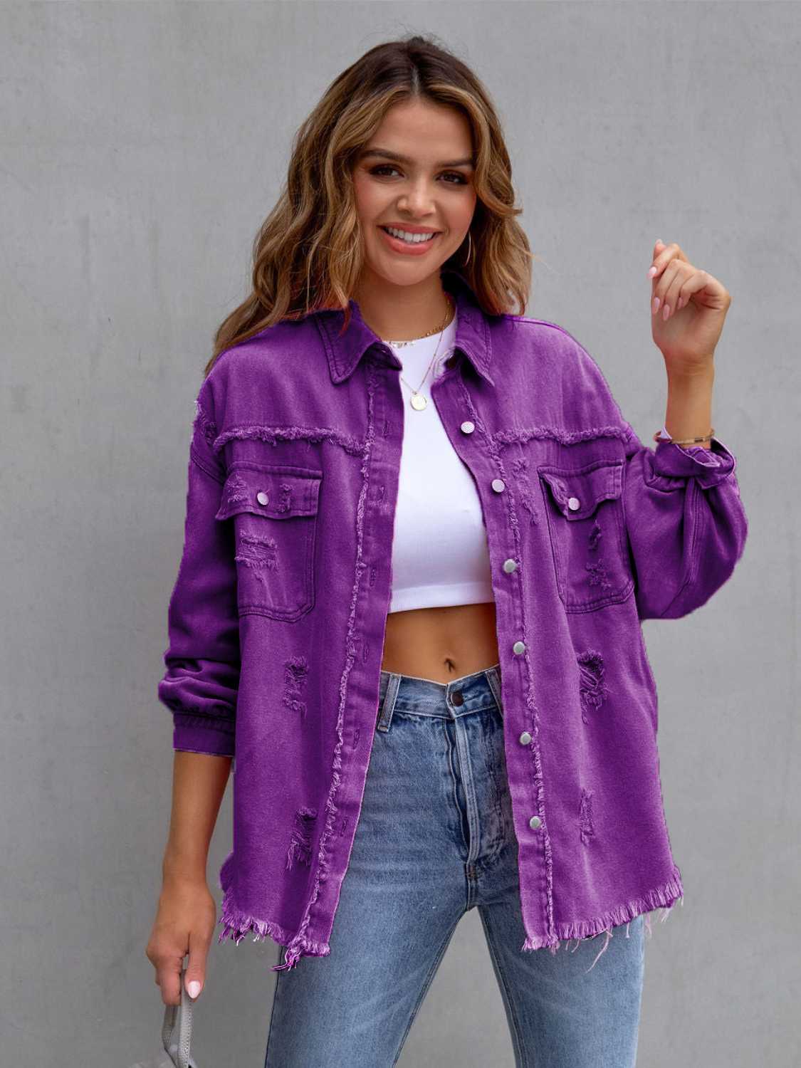 Distressed Drop Shoulder Denim Jacket – Trendsi | ClozArt