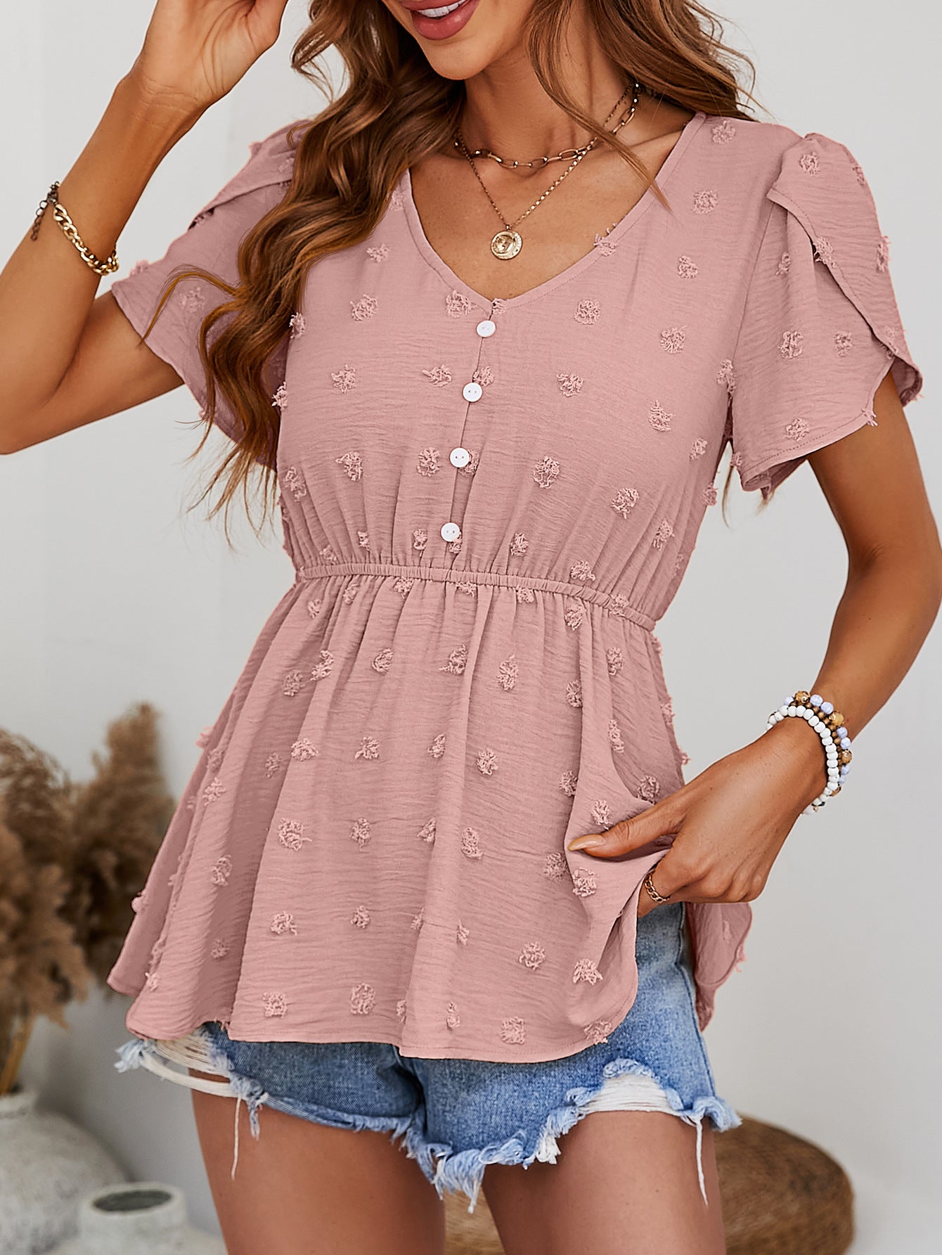 Swiss Dot Buttoned Petal Sleeve Peplum Blouse – Trendsi | ClozArt