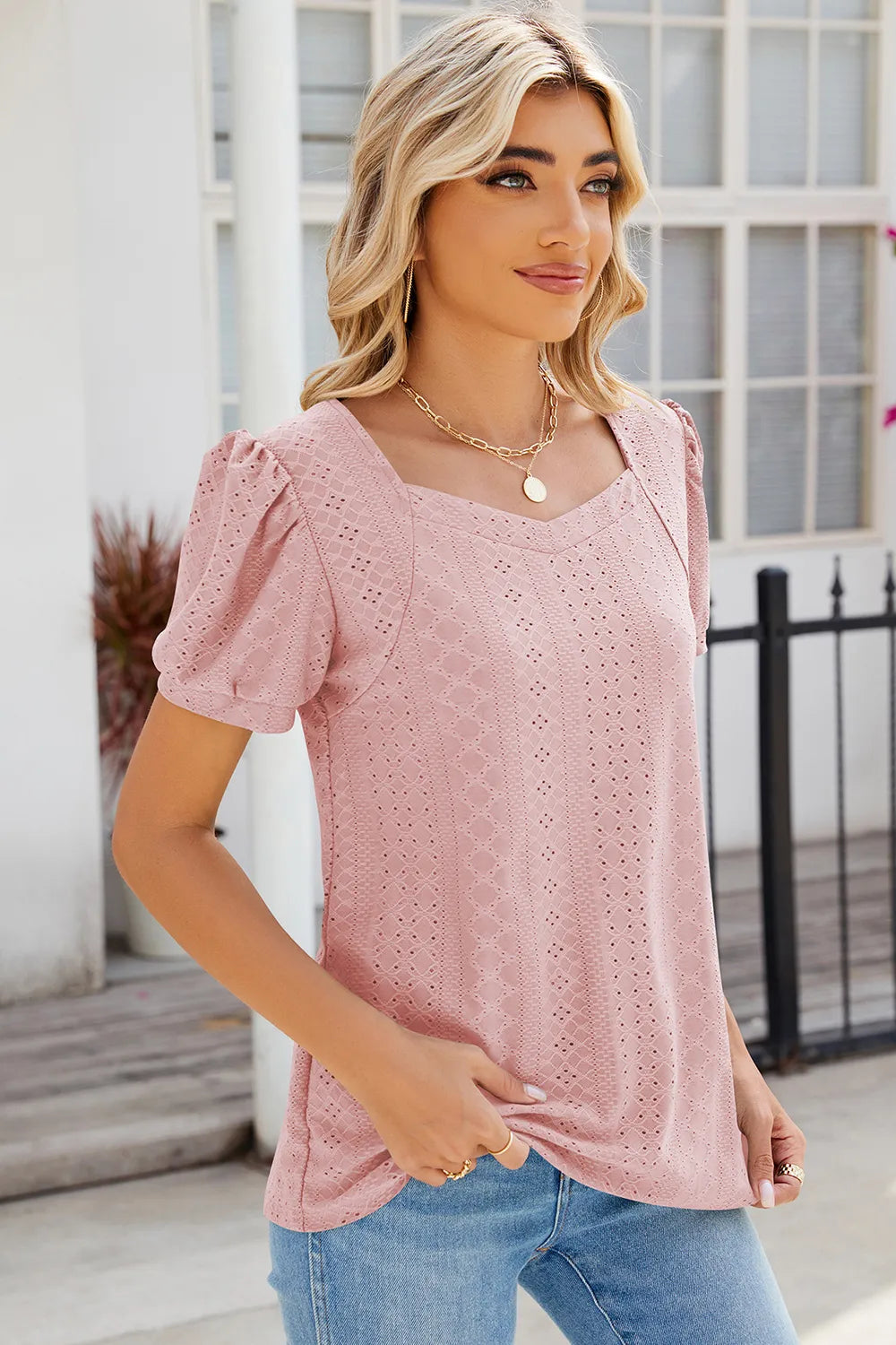 Eyelet Puff Sleeve T-Shirt – Trendsi | ClozArt