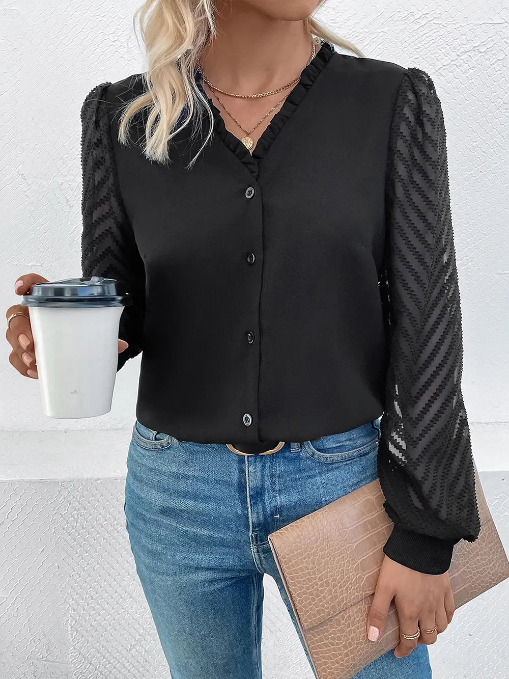 Perfee Mesh V-Neck Button Front Blouse – Trendsi | ClozArt