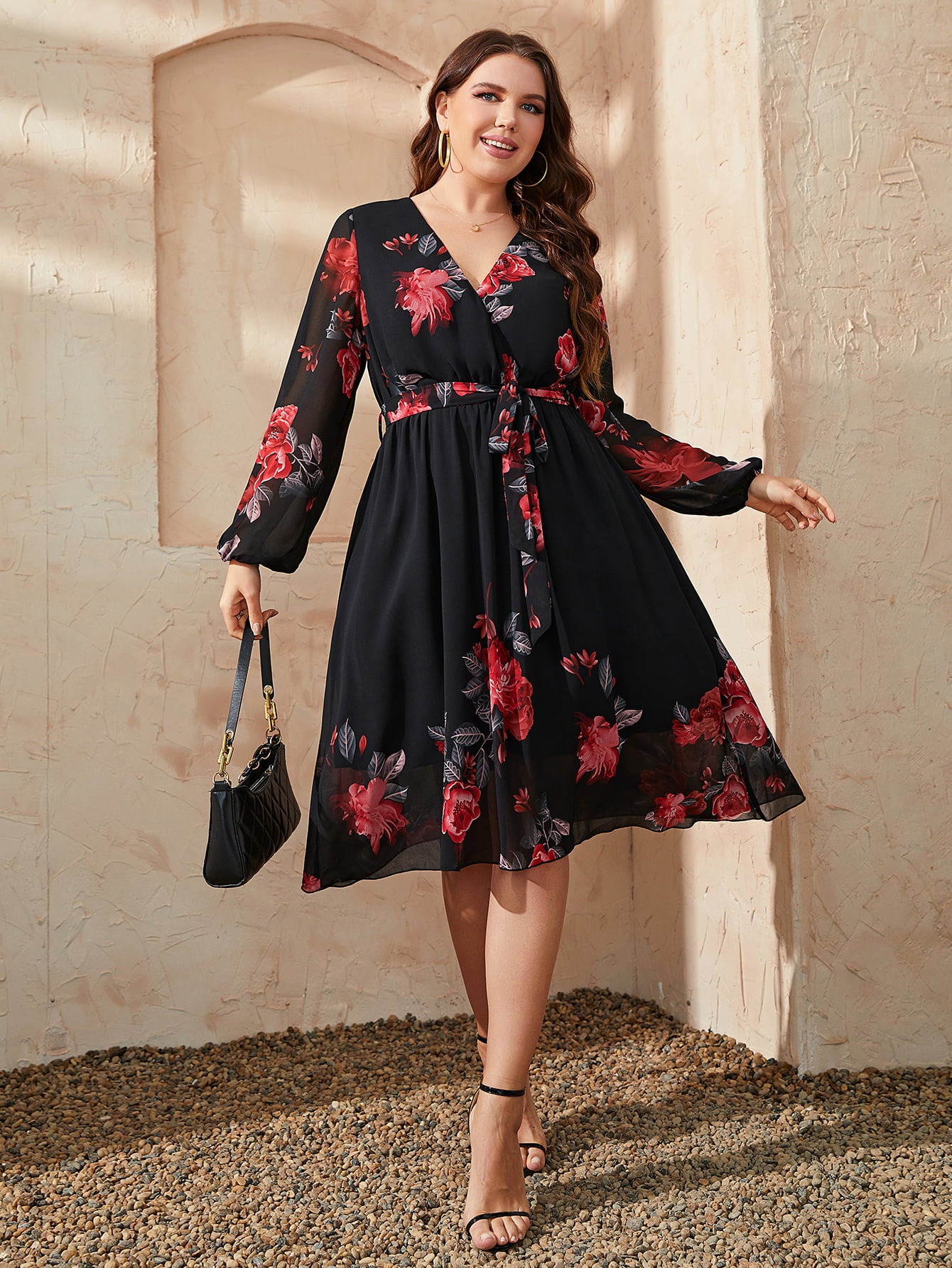 Honey Plus Size Floral Surplice Neck Tie Waist Dress – Trendsi | ClozArt