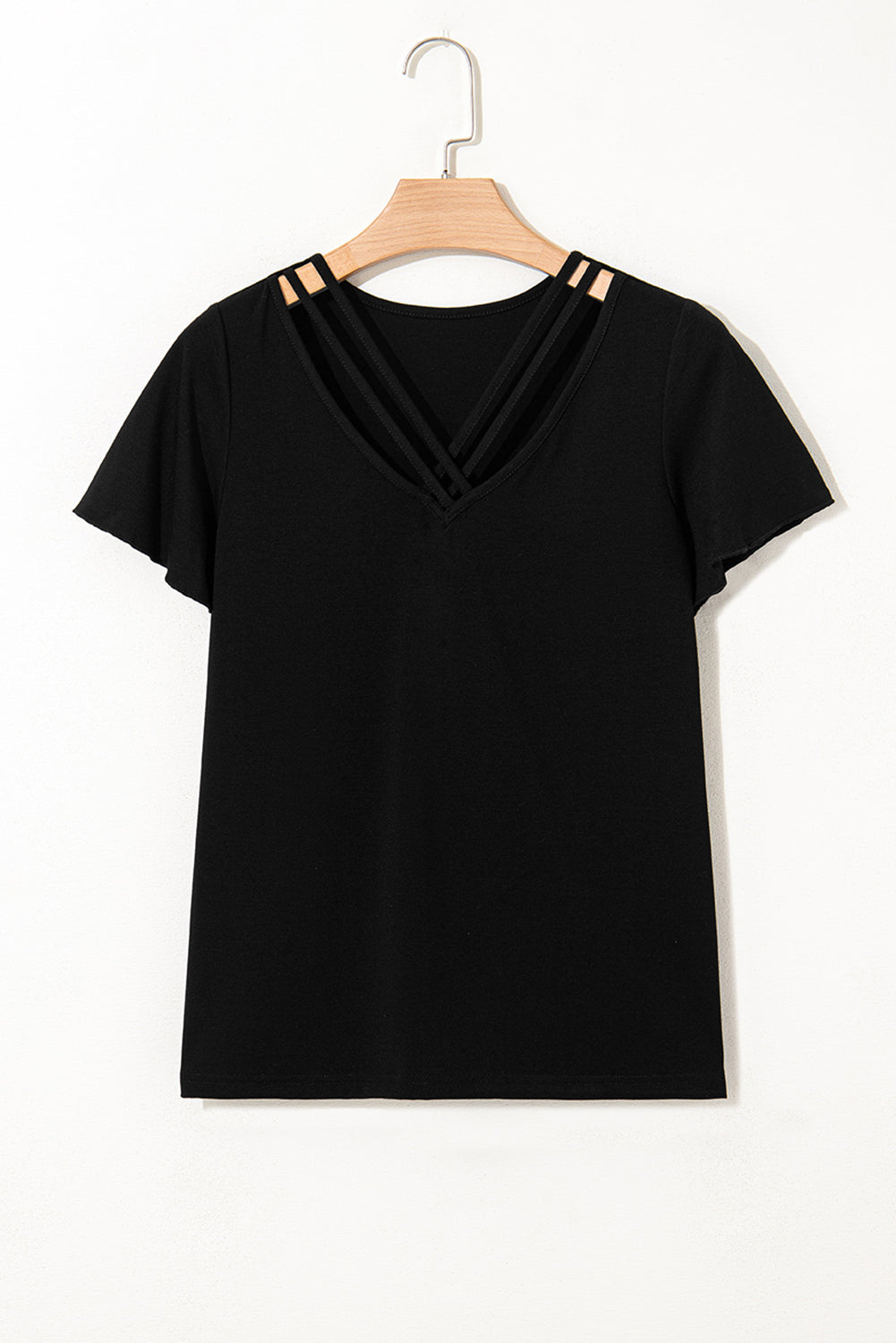 Mist Green Crisscross V Neck Flutter Sleeve T Shirt – Shewin | ClozArt