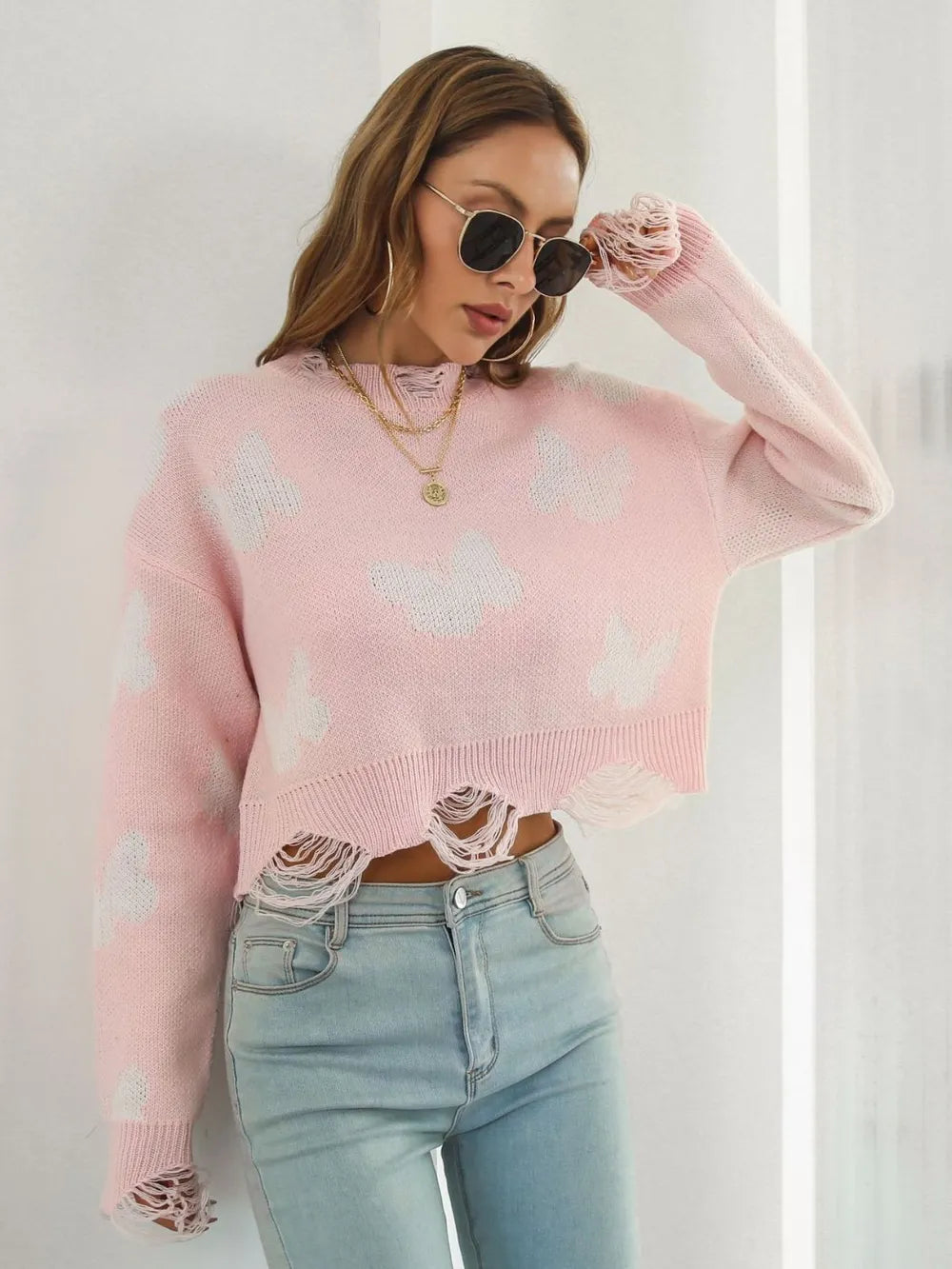 Distressed Butterfly Cropped Sweater – Trendsi | ClozArt