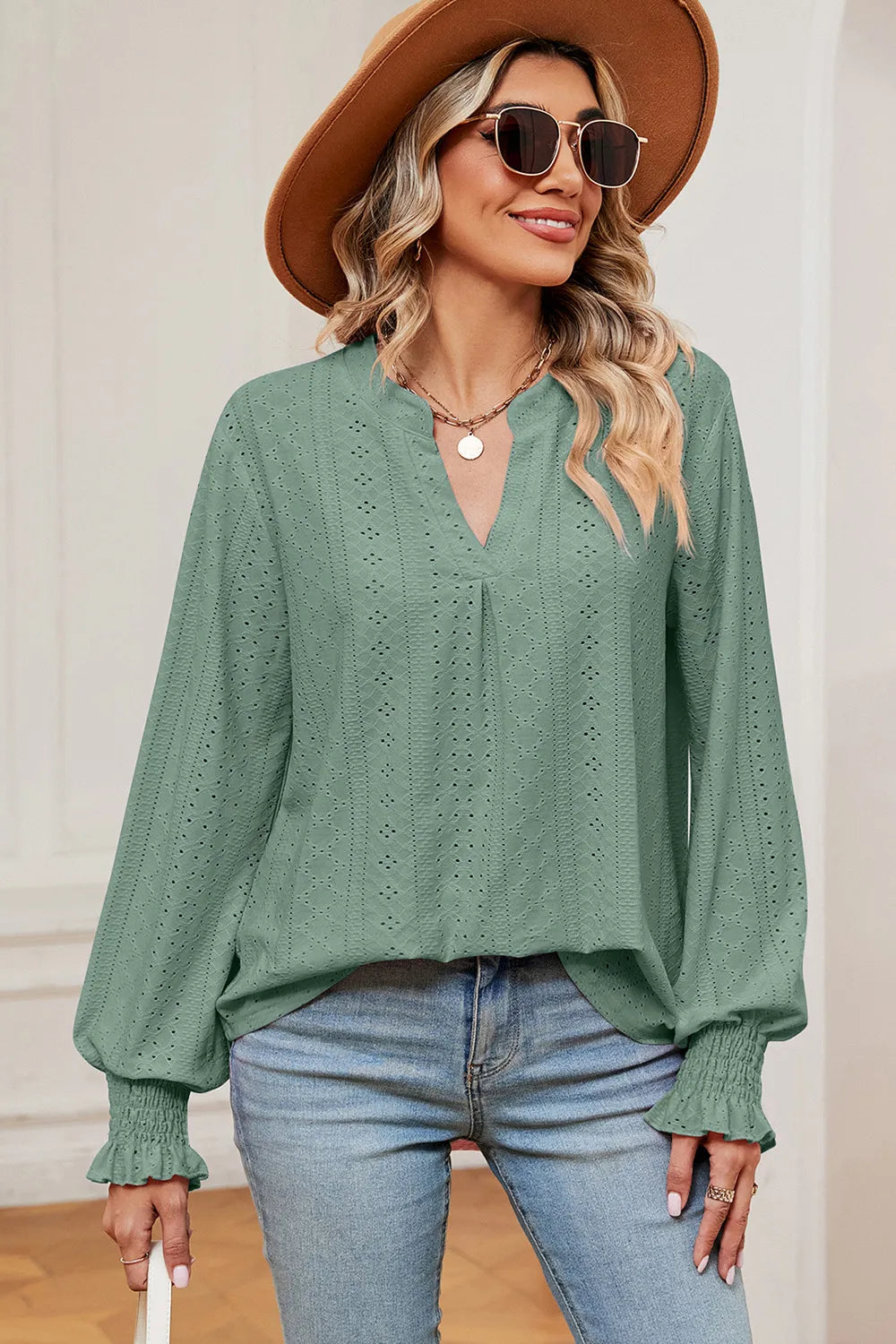 Eyelet Notched Long Sleeve T-Shirt – Trendsi | ClozArt