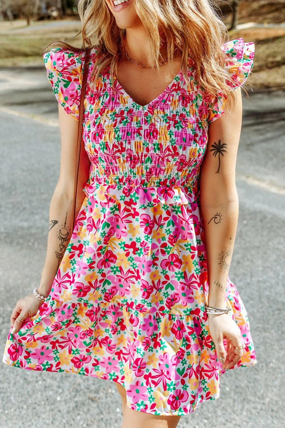 Smocked Floral V-Neck Ruffled Cap Sleeve Dress – Trendsi | ClozArt