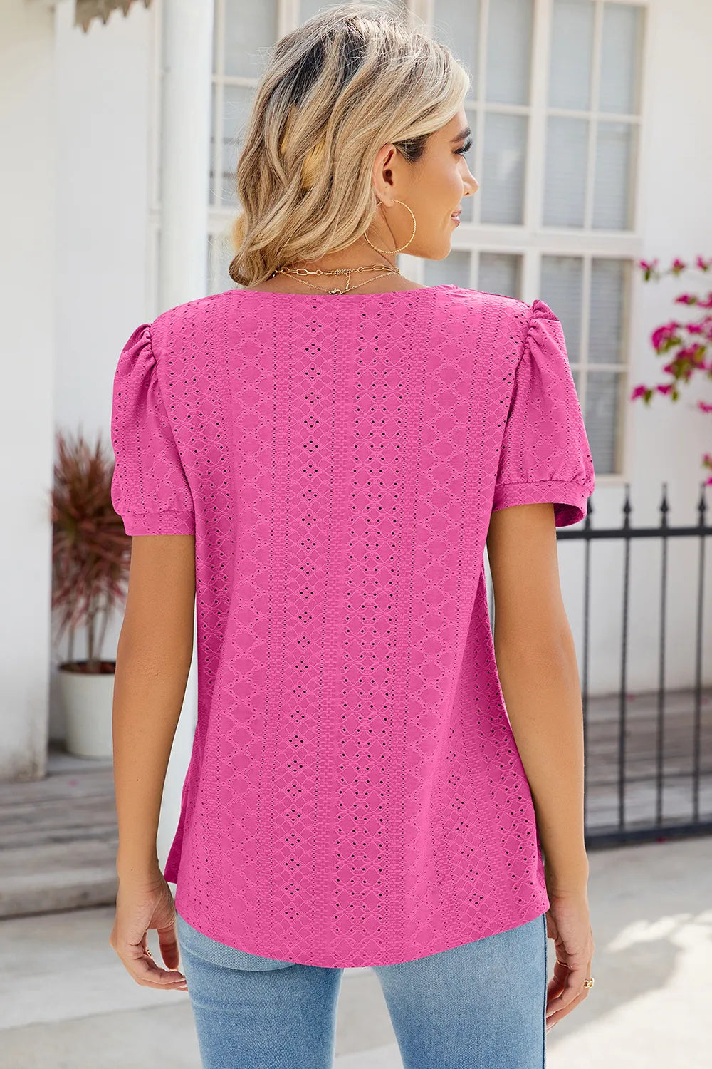 Eyelet Puff Sleeve T-Shirt – Trendsi | ClozArt