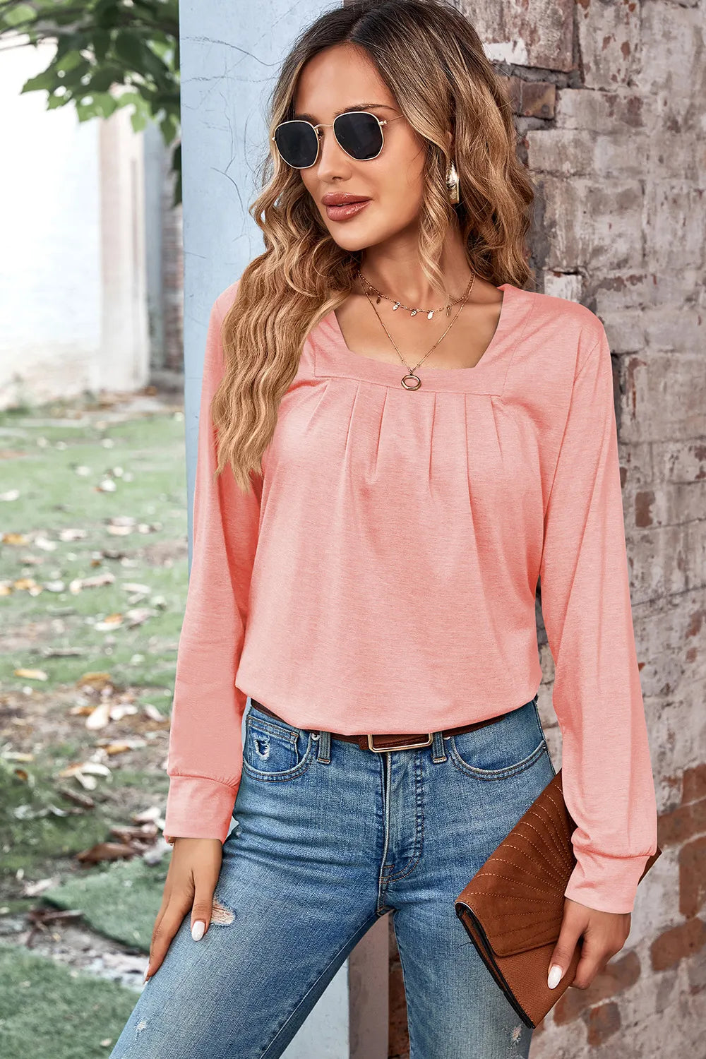 Ruched Square Neck Long Sleeve T-Shirt – Trendsi | ClozArt