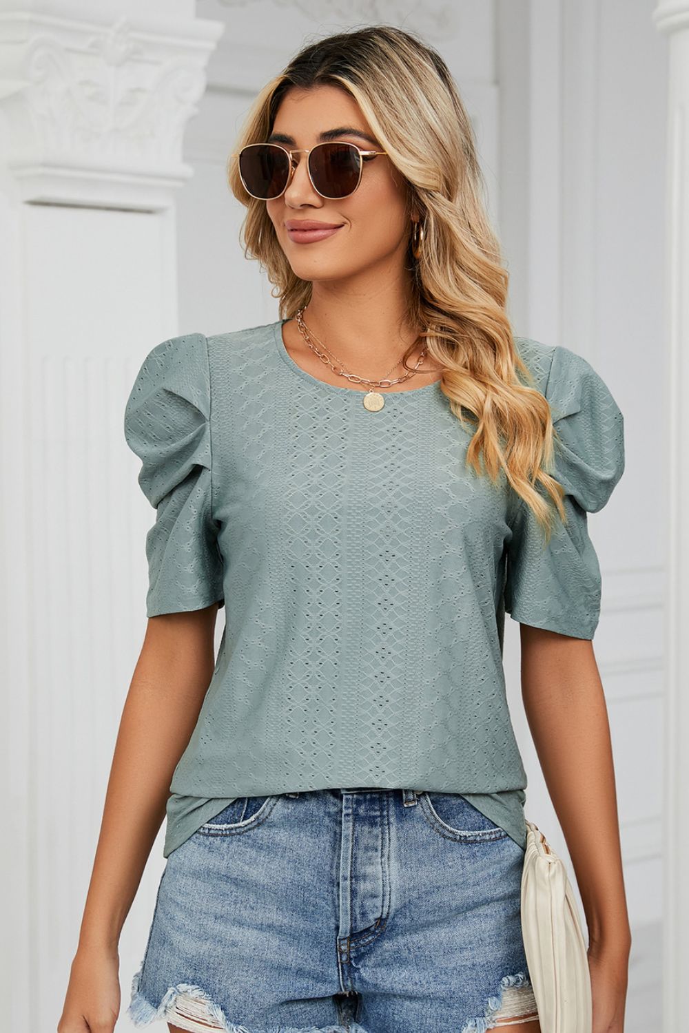 Eyelet Puff Sleeve Round Neck Blouse – Trendsi | ClozArt