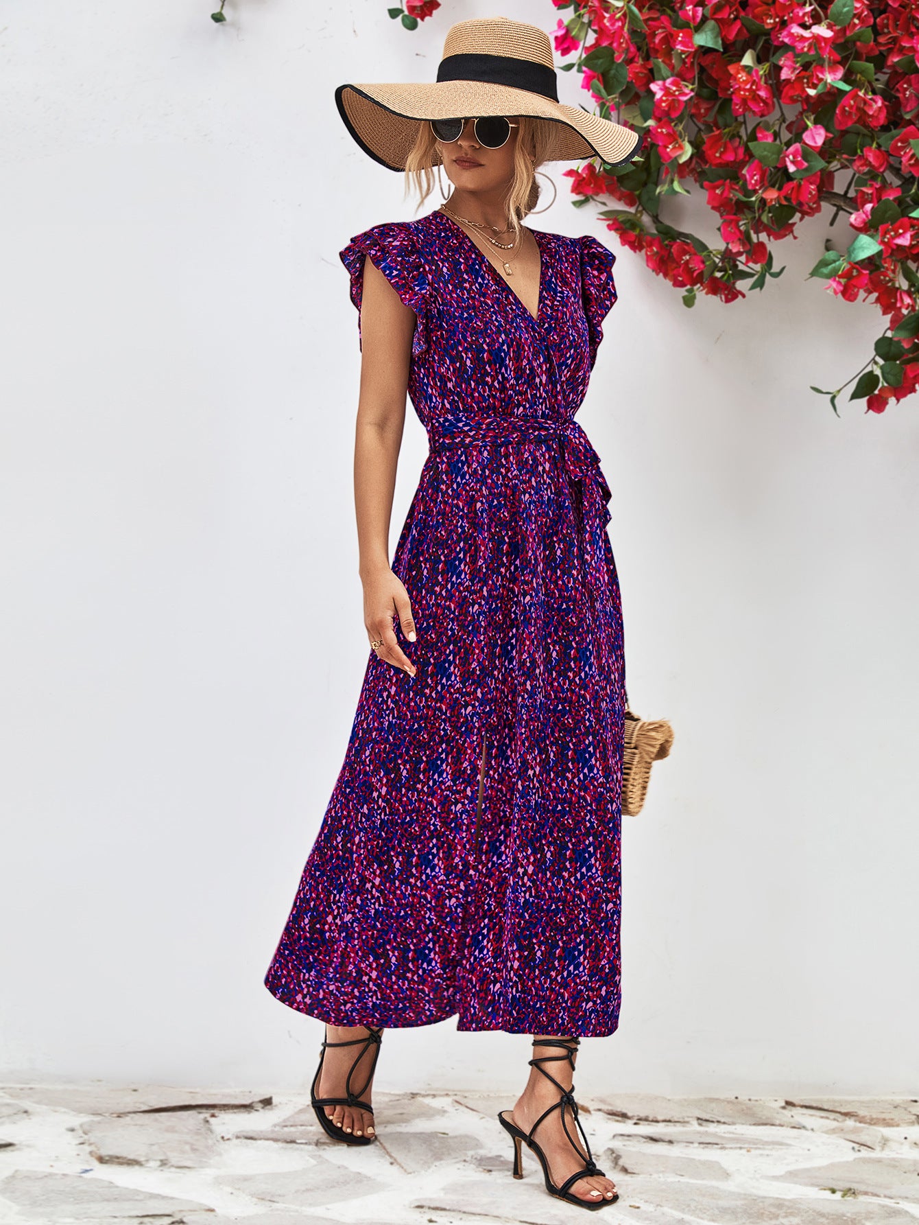 Printed Surplice Neck Flutter Sleeve Slit Dress – Trendsi | ClozArt