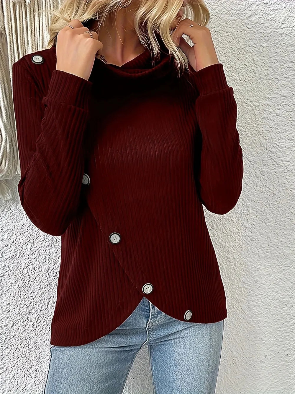 Decorative Button Turtleneck Long Sleeve T-Shirt – Trendsi | ClozArt