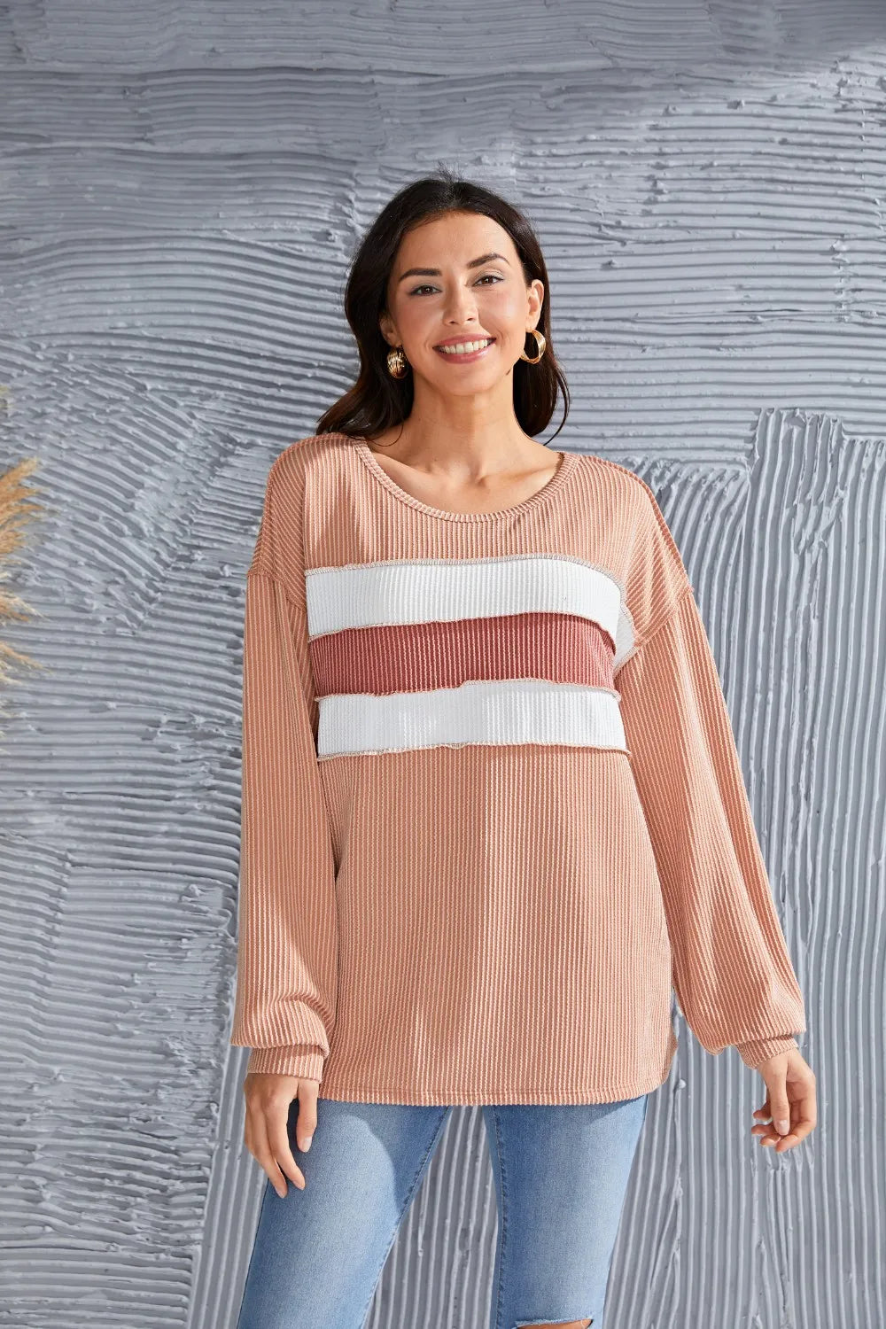 Ribbed Color Block Exposed Seam Round Neck Blouse – Trendsi | ClozArt