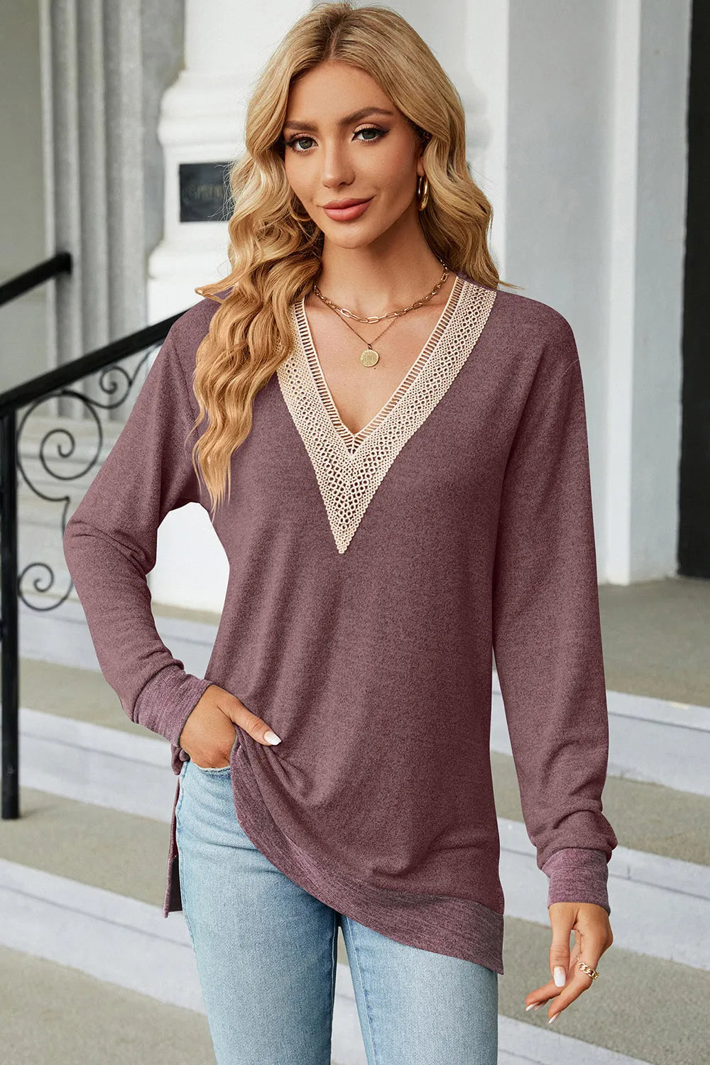 Slit V-Neck Long Sleeve T-Shirt – Trendsi | ClozArt