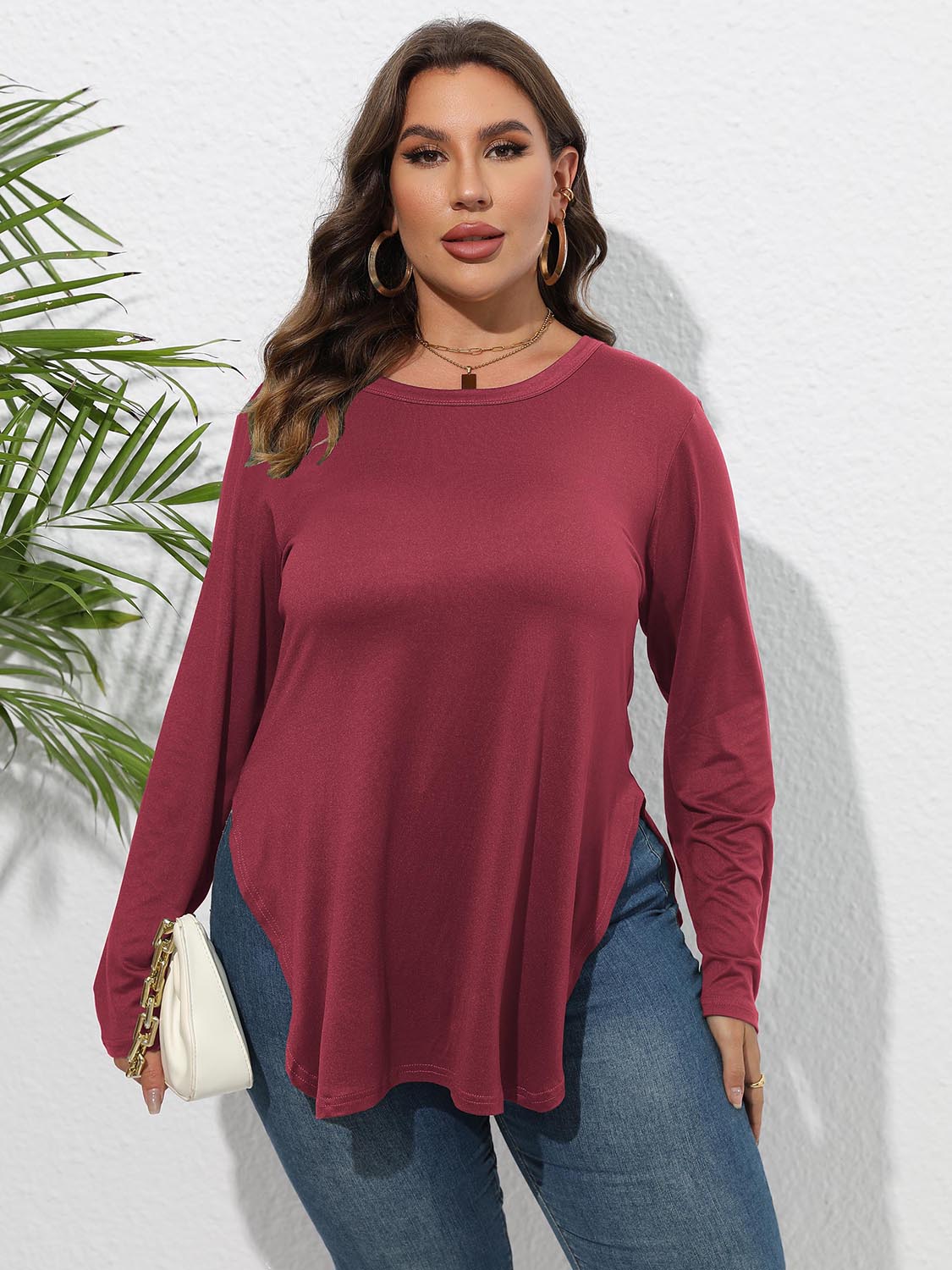 Plus Size Round Neck Long Sleeve Slit T-Shirt – Trendsi | ClozArt