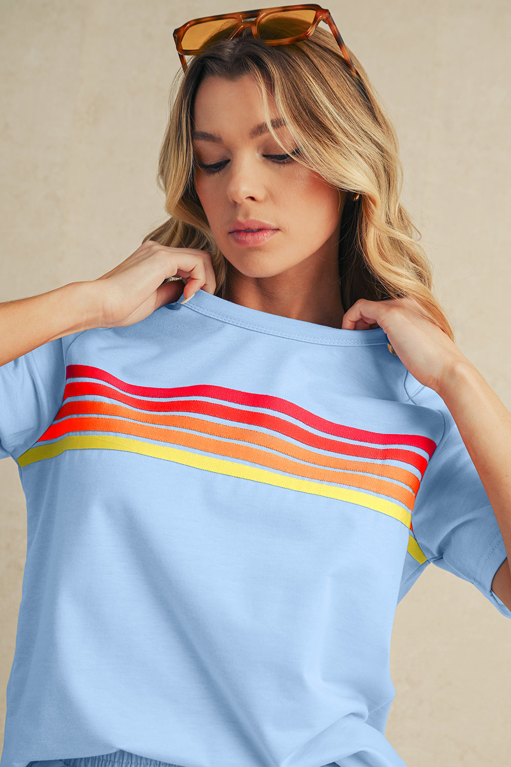 Beau Blue Colorful Striped Casual Tee – Shewin | ClozArt
