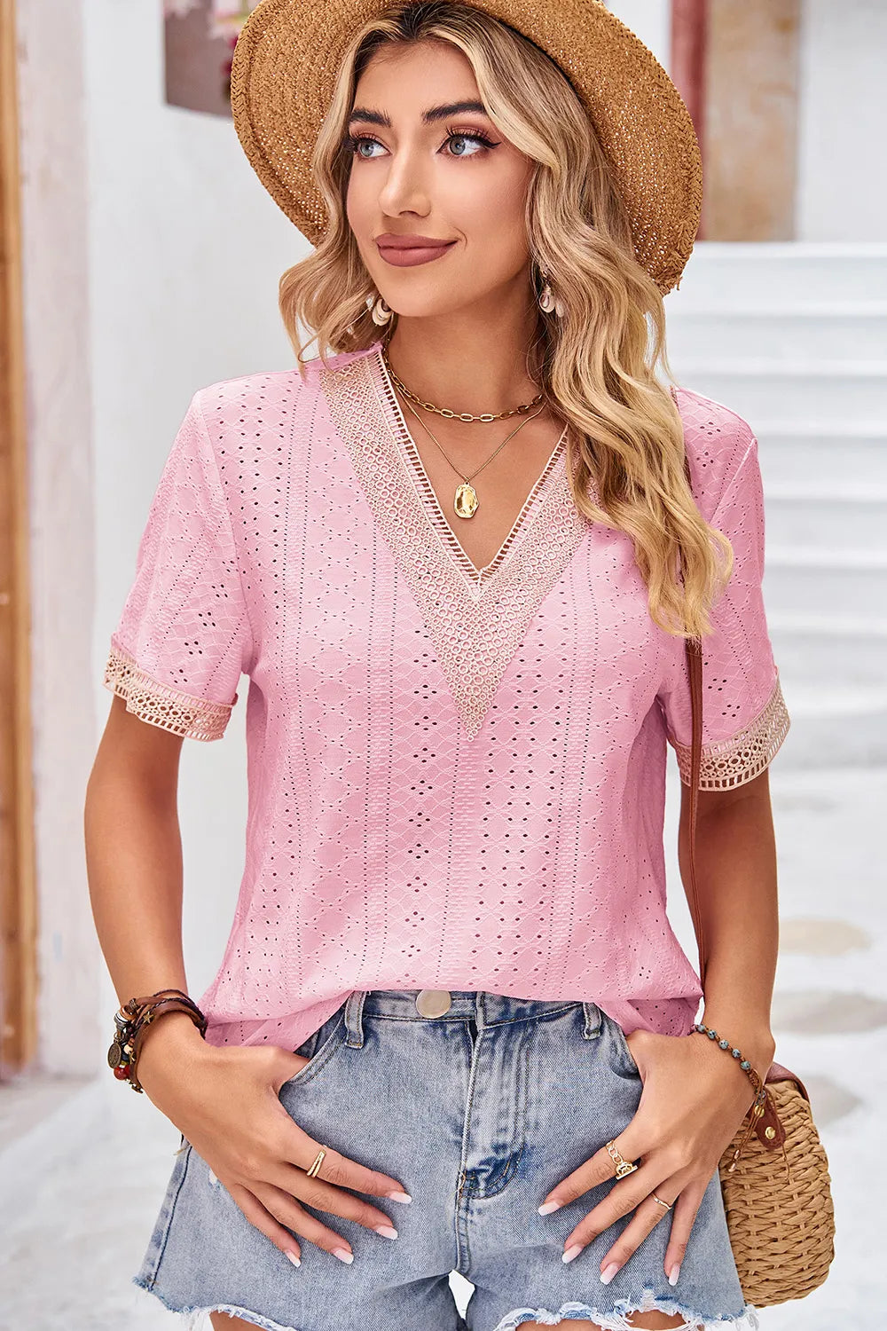 Eyelet V-Neck Short Sleeve T-Shirt – Trendsi | ClozArt