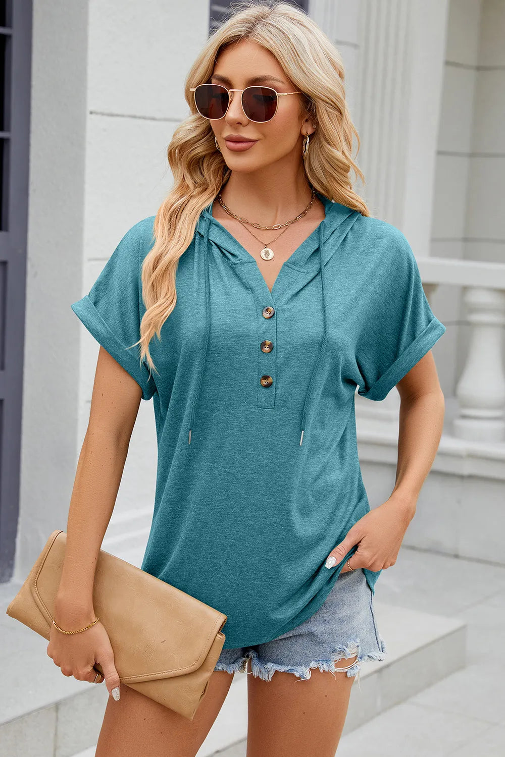 Half Button Drawstring Short Sleeve Hooded T-Shirt – Trendsi | ClozArt