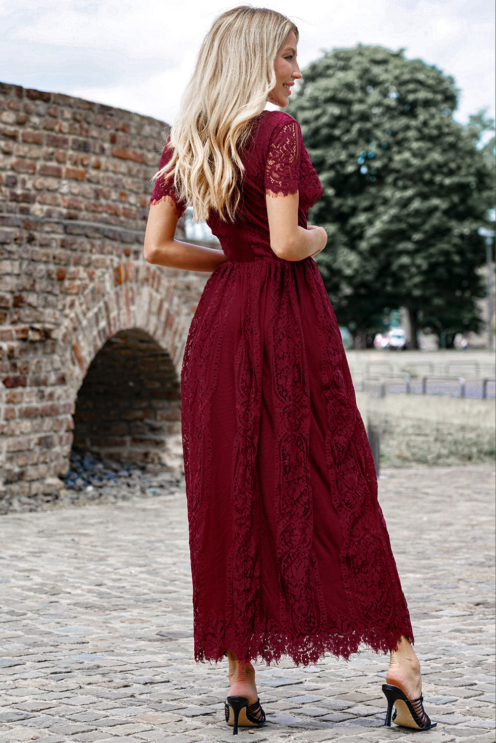 Scalloped Trim Lace Plunge Dress – Trendsi | ClozArt