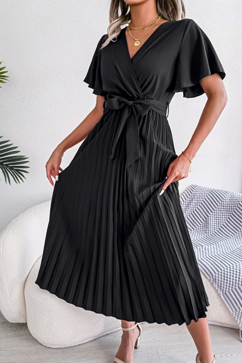 Pleated Flutter Sleeve Belted Dress – Trendsi | ClozArt