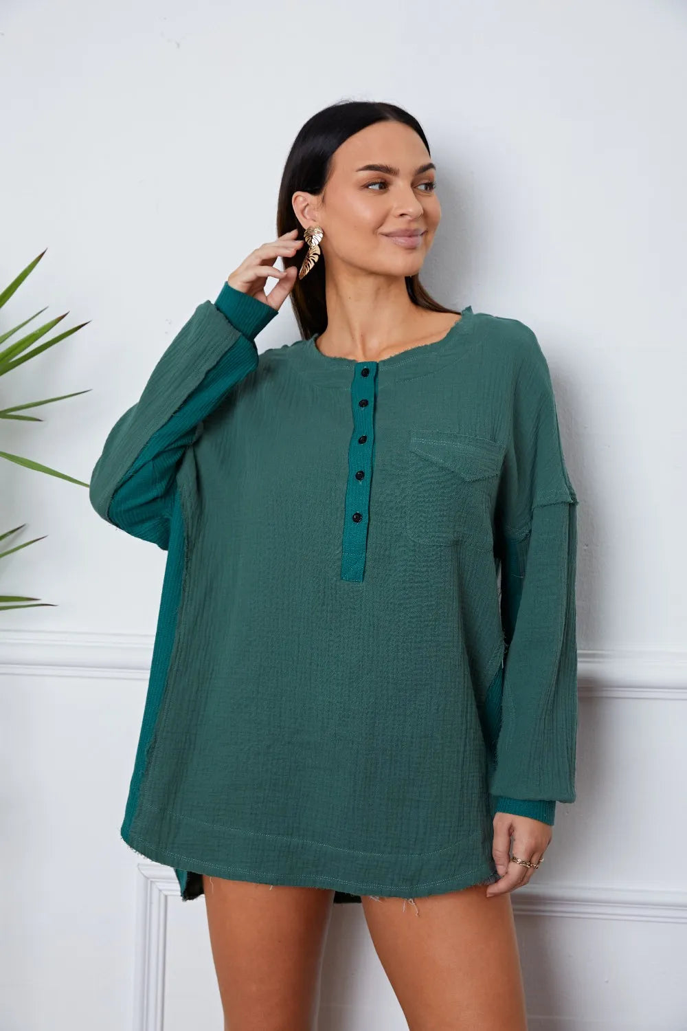 Half Button Up Round Neck Blouse – Trendsi | ClozArt