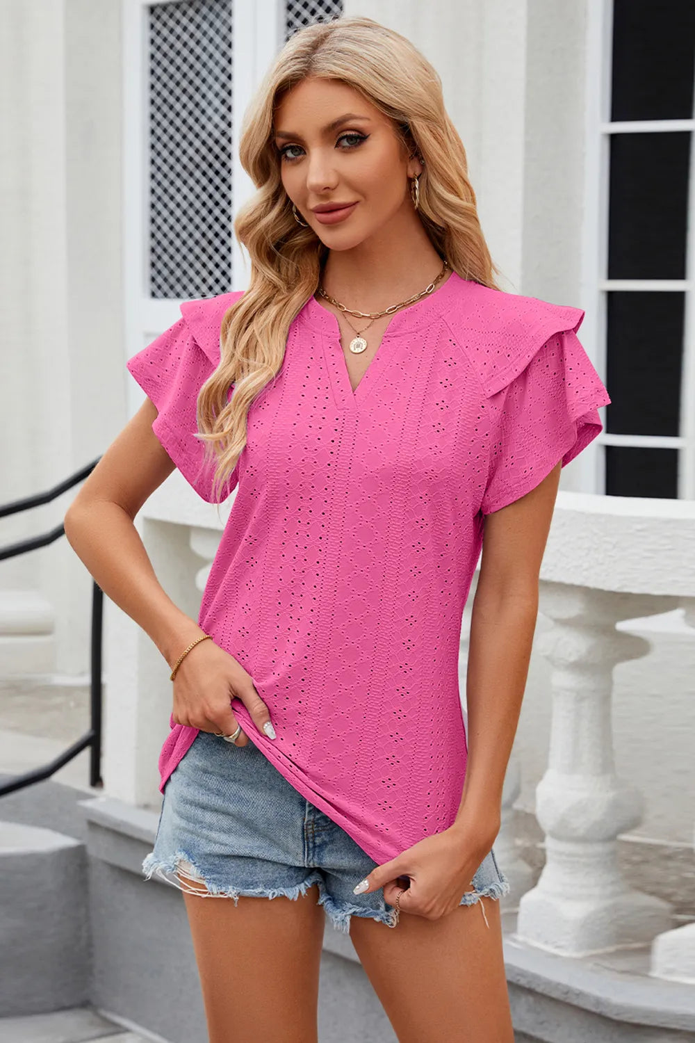Eyelet Notched Short Sleeve T-Shirt – Trendsi | ClozArt