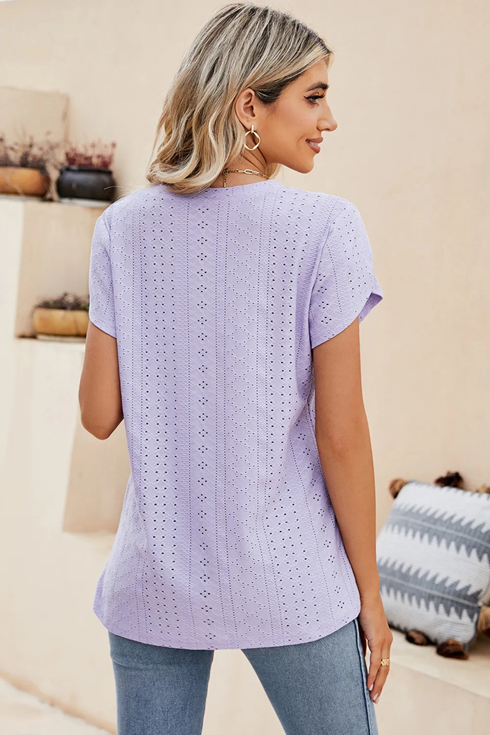 Eyelet V-Neck Petal Sleeve T-Shirt – Trendsi | ClozArt
