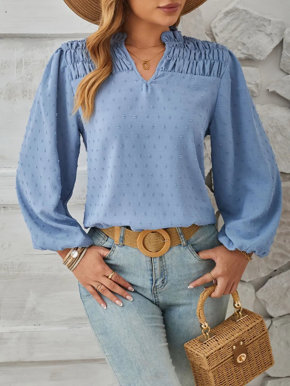 Ruched Swiss Dot Notched Balloon Sleeve T-Shirt – Trendsi | ClozArt