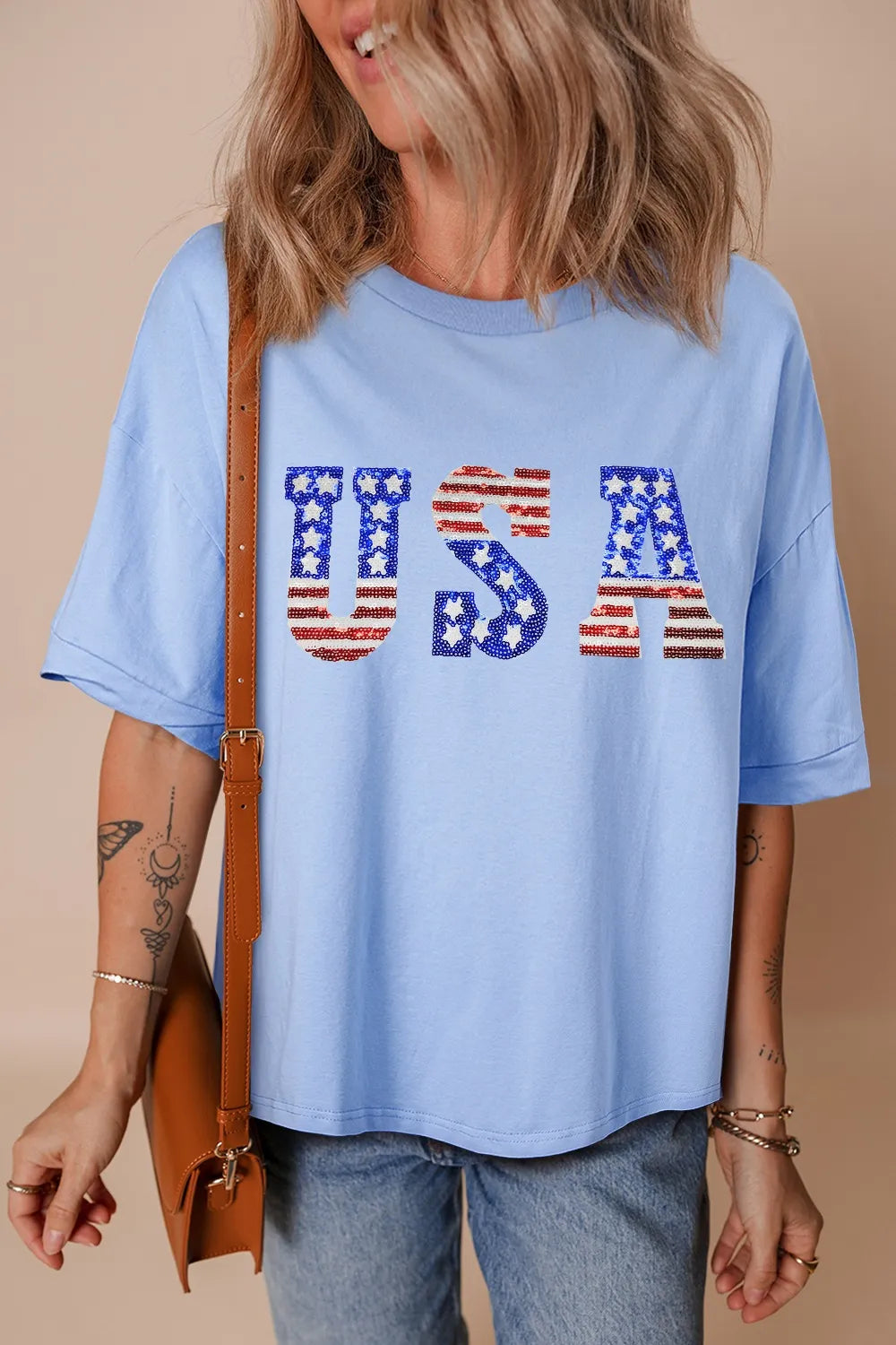 USA Patched Drop Sleeve Crewneck T Shirt – Trendsi | ClozArt