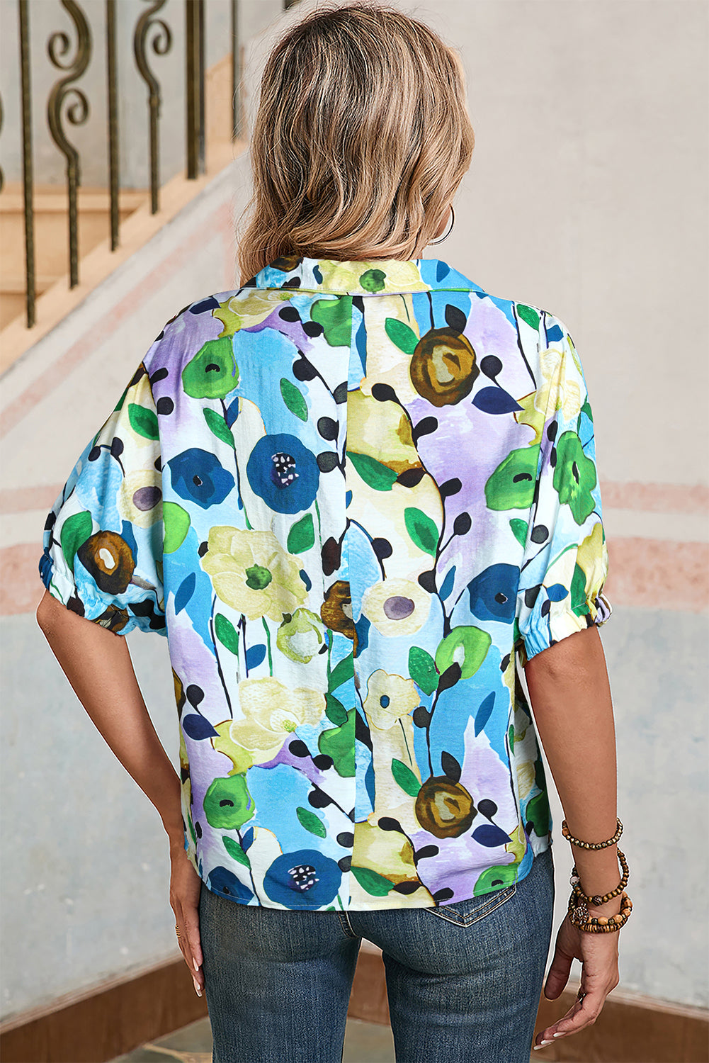 Peacock Blue Floral Print Boho Pop of Color Neckline Blouse – Shewin | ClozArt