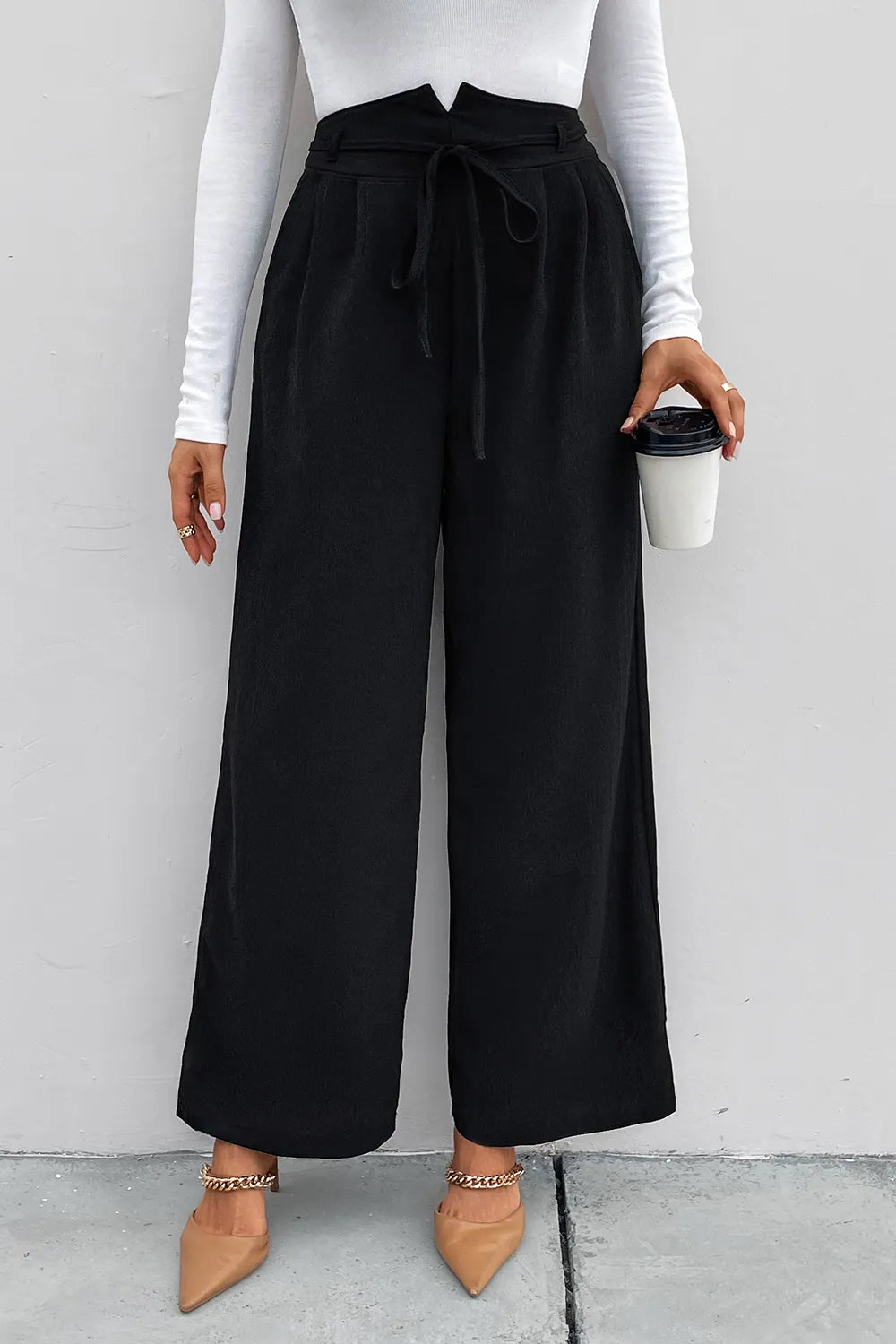 Perfee High Waist Ruched Tie Front Wide Leg Pants – Trendsi | ClozArt