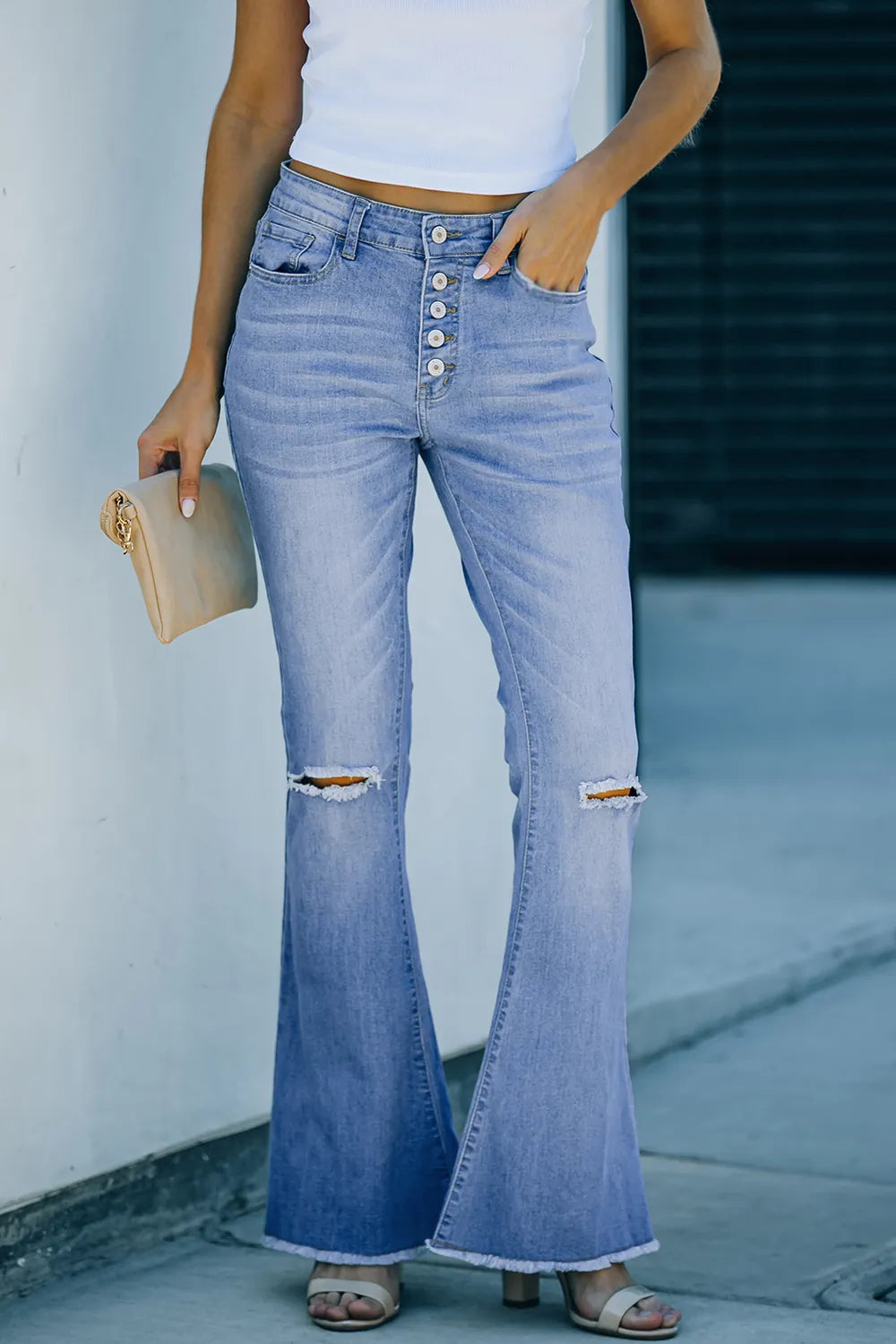 Button-Fly Distressed Raw Hem Flare Jeans – Trendsi | ClozArt
