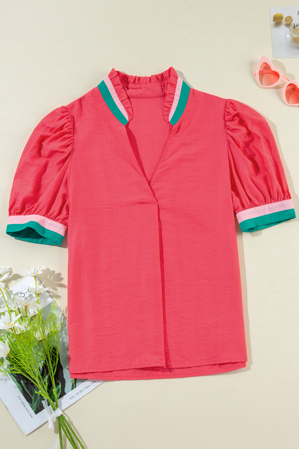 Bright Green Puff Sleeve Pop of Color Neckline Blouse – Shewin | ClozArt