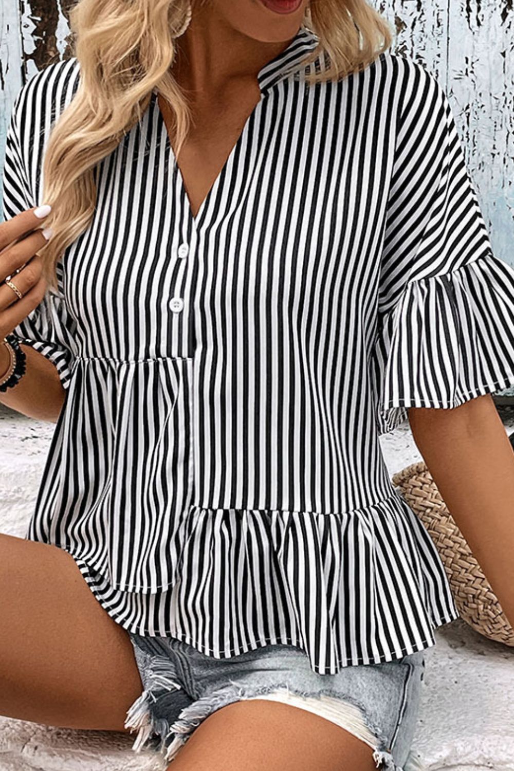 Perfee Striped Asymmetrical Flounce Sleeve Blouse – Trendsi | ClozArt