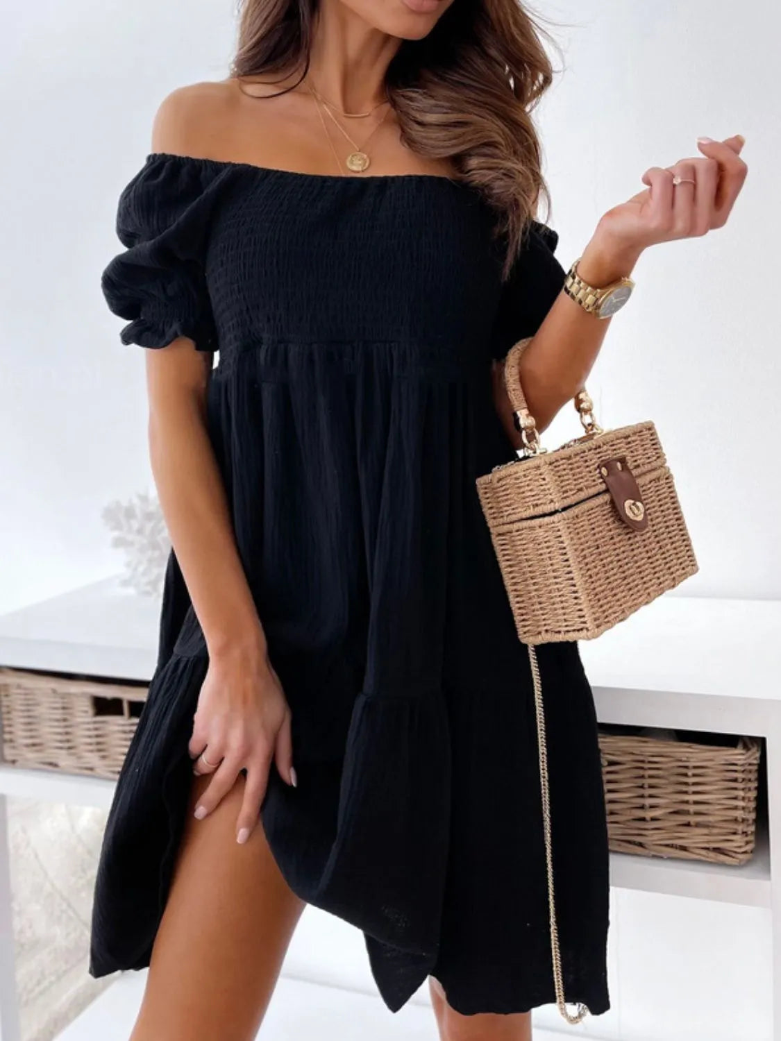 Smocked Off-Shoulder Mini Dress – Trendsi | ClozArt