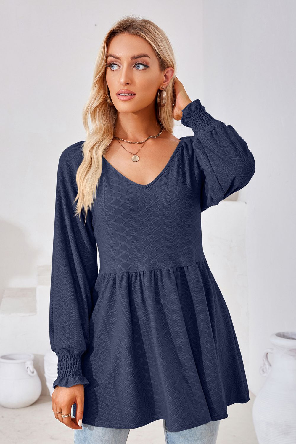 V-Neck Lantern Sleeve Blouse – Trendsi | ClozArt