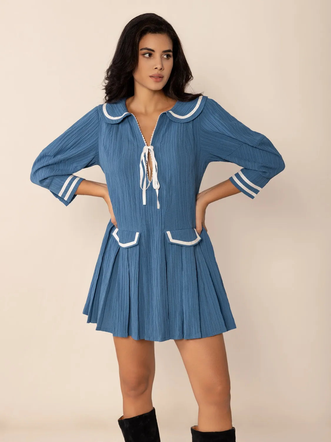 Tie Front Pleated Three-Quarter Sleeve Mini Dress – Trendsi | ClozArt