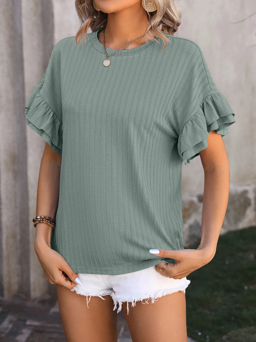 Ruffled Round Neck Short Sleeve Top – Trendsi | ClozArt